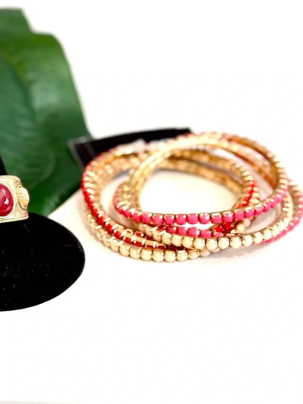 EXPRESS Pink Red Cream Crystal Stretch Bracelet Stack NWT